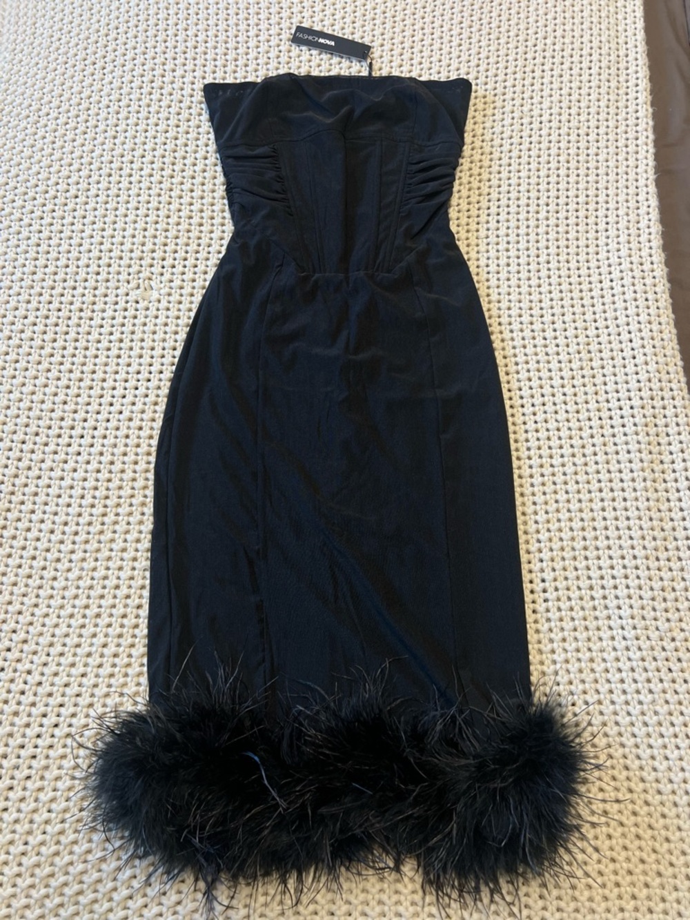 Fashion Nova Black Strapless Feather-Hem Midi Dress